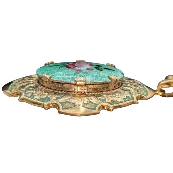 Vtg 1930s Guilloche Enamel Work Rose Design Fleur de Lis Locket Hanging Brooch - Picture 2 of 7